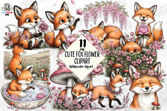 Download Cute Fox Flower Clipart PNG - Premium Resources