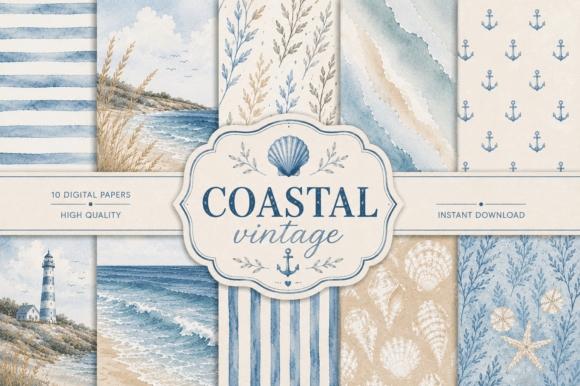 Download Coastal Vintage Digital Papers Bundle - Paper Collection